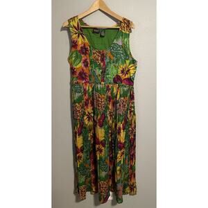 Vintage Womens Dress Medium Colorful Floral Sleeveless Pleated Tropical Art 90s
